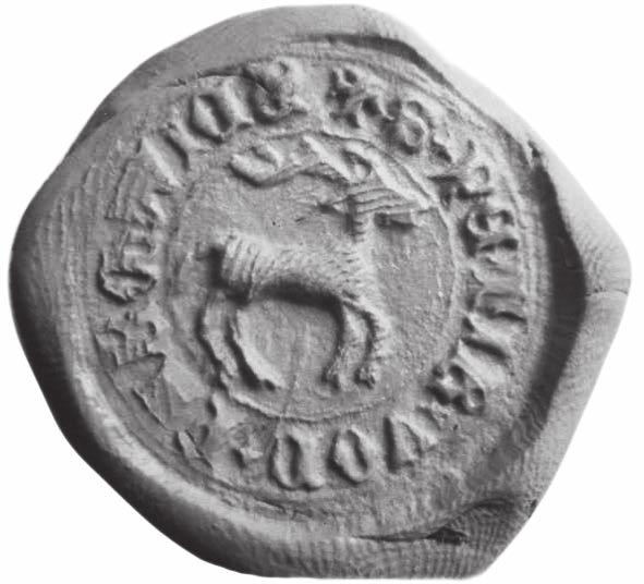 The first of those, authenticating documents in 1370 and 1383 was 28 mm in diameter and shows a deer against a smooth background to dexter; the inscription in the legend reads + S PETRI D PARCHOW-