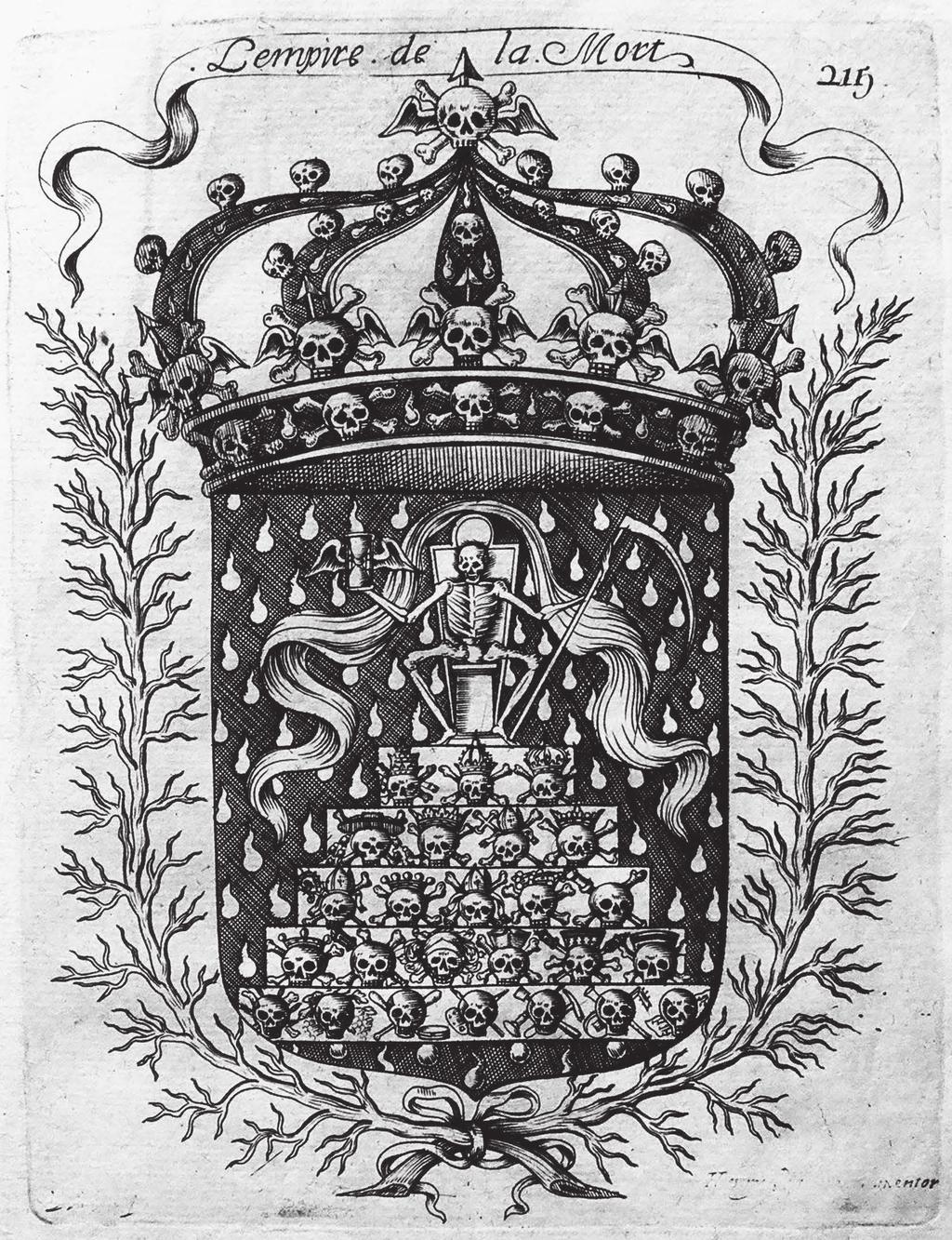 The Ennoblement of the Final Moment the Coats of Arms of Death 97 base garlands of fruit and above it a skull in a laurel wreath, the motto constitutes the last page of Ovid s Transformations of 1679