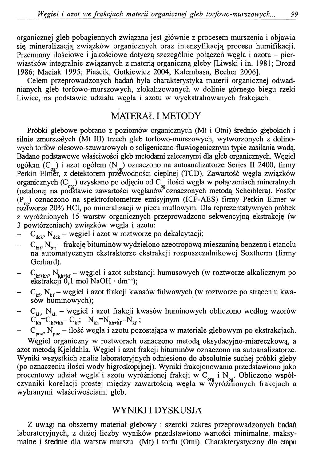Węgiel i azot we frakcjach materii organicznej gleb torfowo-murszowych.