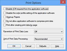 Otwórz okno ustawień sterownika drukarki. 2. Kliknij przycisk Opcje wydruku... (Print Options...) na karcie Ustawienia strony (Page Setup).