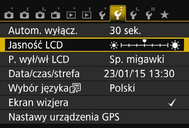 Przydatne funkcje 3 Regulowanie jasności monitora LCD Aparat pozwala wyregulować poziom jasności monitora LCD, aby zapewniał