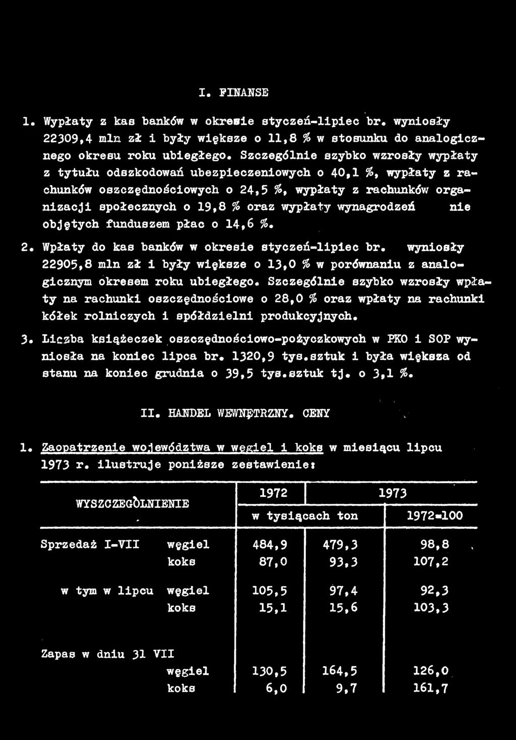 Licz książeczek oszczędnościowo-pożyczkowych w PKO i SOP wyniosł n koniec lipc r. 1320,9 tys.sztuk i ył większ od stnu n koniec grudni o 39,5 tys.sztuk tj. o 3,1 %. II. HANDEL WEWNĘTRZNY. CENY 1.