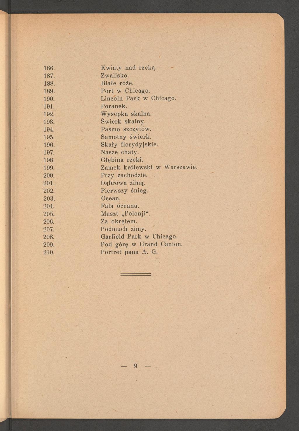 186. K w iaty nad rzeką, 187. Zw alisko. 188. B iałe róże. 189. P o rt w Chicago. 190. L incoln P a rk w Chicago. 191. Poranek. 192. W ysepka skalna. 193. Ś w ierk skalny. 194. Pasm o szczytów. 195.