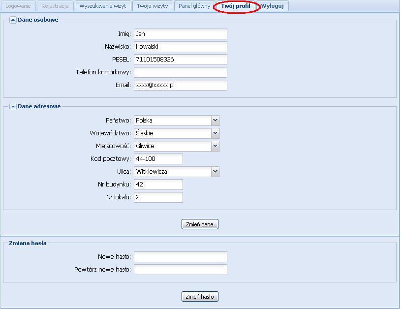4. Mój profil Po zalogowaniu do Systemu moŝna zmienić swoje dane, dzięki którym identyfikowany jest w systemie. Aby zmienić dane naleŝy wykonać następujące operacje: 1.