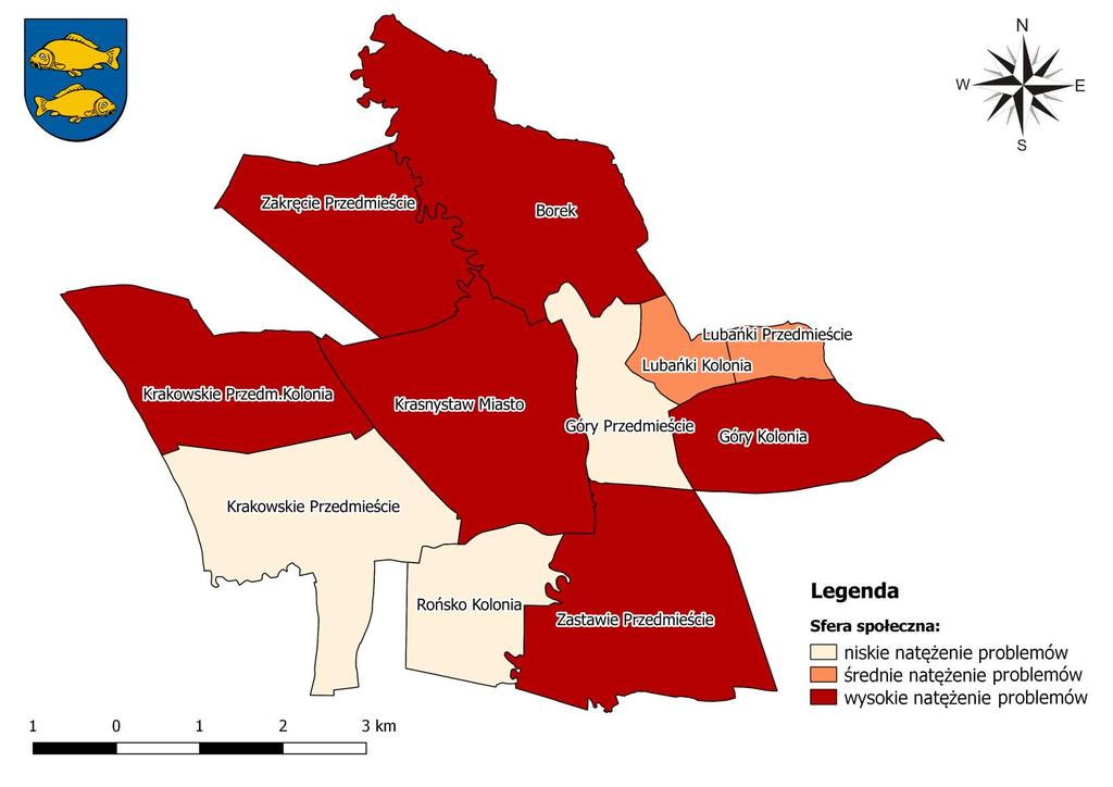 Mapa 3 Koncentracja negatywnych zjawisk w sferze społecznej w poszczególnych jednostkach referencyjnych na terenie Miasta Krasnystaw Źródło: Opracowanie własne na podstawie