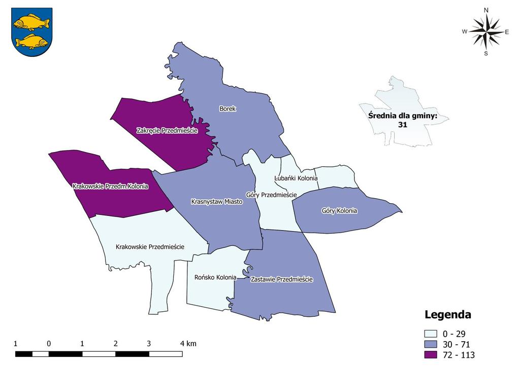 Mapa 5 Liczba osób, którym przyznano świadczenie z pomocy społecznej z powodu ubóstwa na 1 000 mieszkańców na terenie