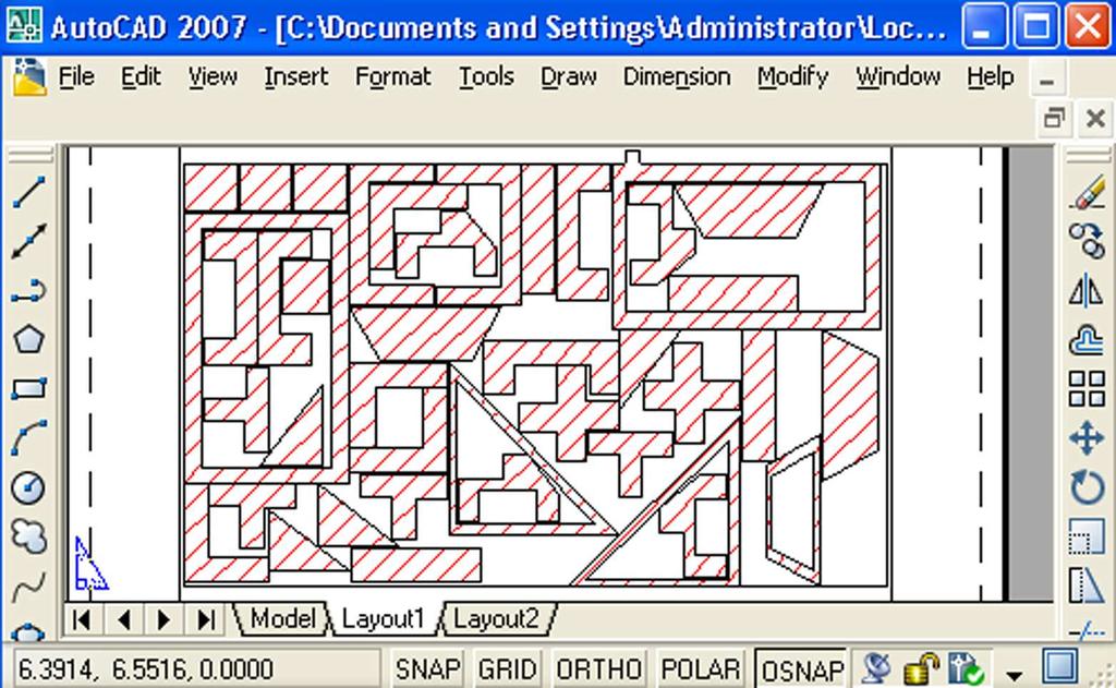 AutoCAD 2007, do którego po wykonaniu obliczeń zostało wyeksportowane suboptymalne rozwiązanie.