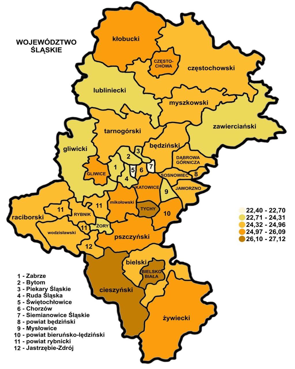 3.3. Wyniki sprawdzianu w powiatach Zamieszczona poniżej mapa konturowa województwa śląskiego pokazuje terytorialne zróżnicowanie (w poszczególnych powiatach) wyników sprawdzianu.