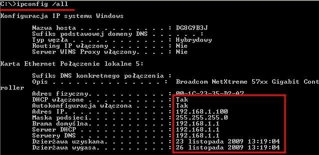 Opcje sprawdzenia sieci w wierszu poleceń Za pomocą polecenia ipconfig /all wpisanego w wierszu poleceń można sprawdzić konfigurację karty sieciowej komputera.