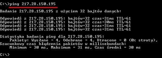 Sprawdzenie połączenia z internetem Połączenie z internetem można sprawdzić wpisując w wierszu poleceń następujące polecenie: ping 217.28.150.195 (jest to adres serwera DNS w Petrotel Sp.z o.o.) Ping wysyła pakiety w celu sprawdzenia łączności ze zdalnym hostem.