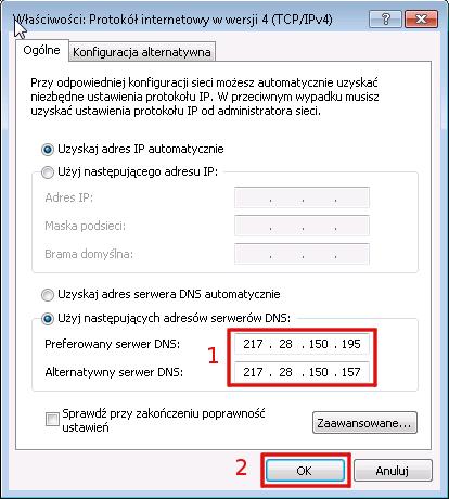 W polu Użyj następujących adresów serwerów DNS, wpisz następujące adresy serwerów DNS Petrotel Sp. z o.o. Preferowany serwer DNS: 217.