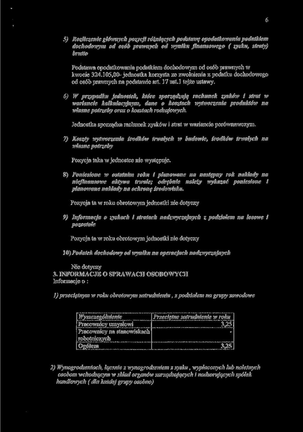 5) Rozliczenie głównych pozycji różniących podstawę opodatkowania podatkiem dochodowym od osób prawnych od wyniku finansowego ( zysku, straty) brutto Podstawa opodatkowania podatkiem dochodowym od