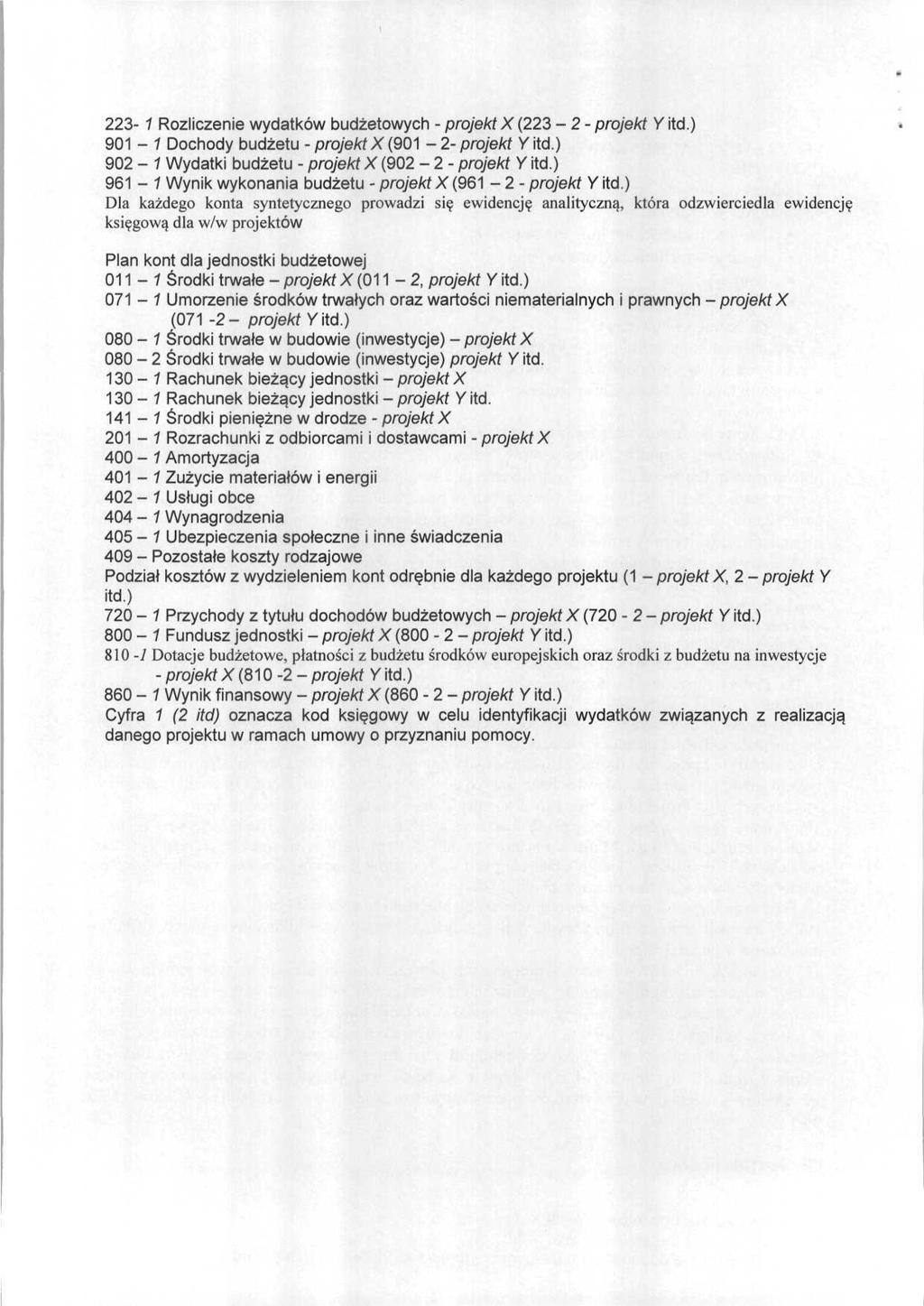 223-1 Rozliczenie wydatków budżetowych - projekt X (223-2 - projekt Y itd.) 901-7 Dochody budżetu - projekt X (901-2-projekt Y itd.) 902-7 Wydatki budżetu - projekt X (902-2 - projekt Y itd.