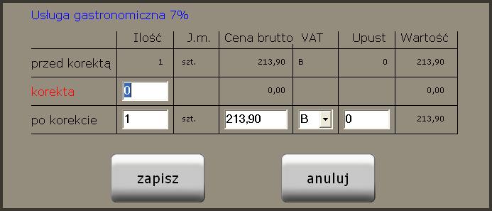 W tym oknie widzimy wszystkie pozycje zawarte na fakturze, którą korygujemy wraz z poszczególnymi wartościami kwotowymi zarówno przed, jak i po korekcie.