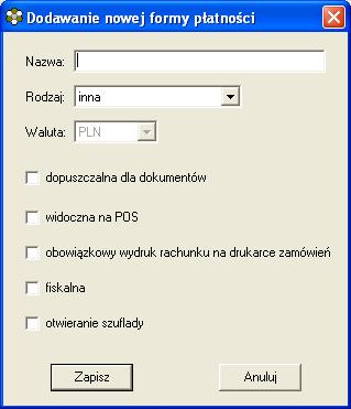 6.7.1. Dodawanie formy płatności. SOGA System Obsługi Gastronomii Funkcja umożliwiająca dodanie nowej formy płatności wymaga podania nazwy oraz rodzaju formy (Rys. 25).