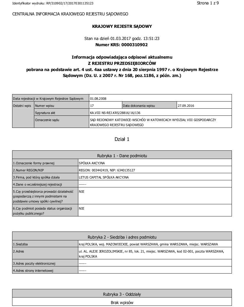 21. ZAŁĄCZNIKI 21.1. Odpis z właściwego dla Emitenta rejestru (przed zarejestrowaniem scalenia akcji Emitenta przez sąd) W ramach Uchwały nr 4 Nadzwyczajnego Walnego Zgromadzenia Letus Capital S.A. z siedzibą w Warszawie z dnia 9 grudnia 2016 roku w sprawie: zwiększenia wartości nominalnej akcji Spółki, połączenia akcji oraz zmiany statutu Spółki (Repetytorium A nr 6128/2016 z dnia 09.