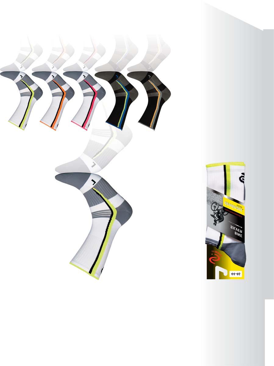 BIKE SILVER Skarpetki rowerowe Ergonomiczny nieuciskający Strefa cieńszej dzianiny Prążki układające skarpetkę w zgięciu Opaska elastyczna Strefa wentylacji Bezszwowe łączenie L R lewej Skarpetki