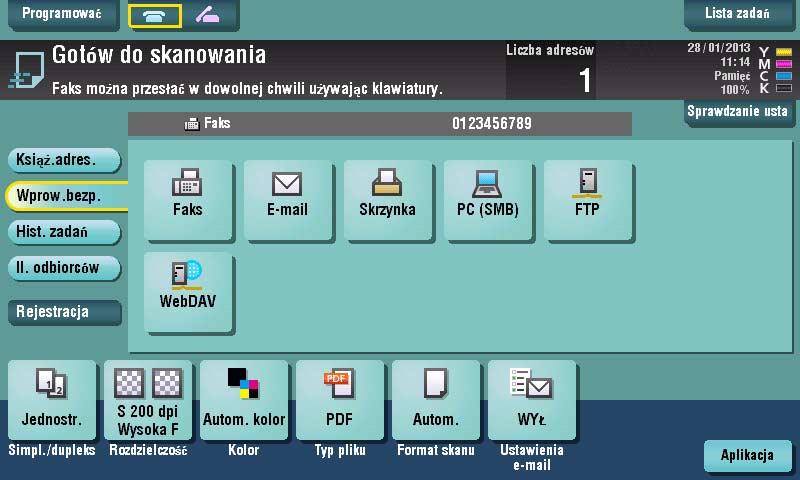 [Kolor], [Typ pliku] i [Ustawienia e-mail] nie są dostępne, gdy wykonywane jest przesyłanie na numer faksu. Ustawienia [Simpl.