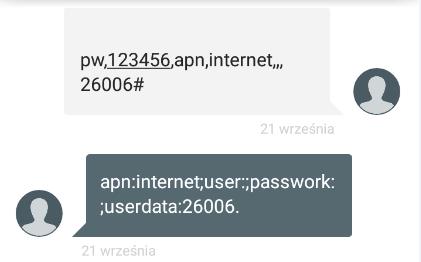 pw,123456- początek komendy zostaje bez zmian (używać małych liter) APN name= internet (dla większości operatorów) user name= brak ( dla większości operatorów) Password= brak (dla większości