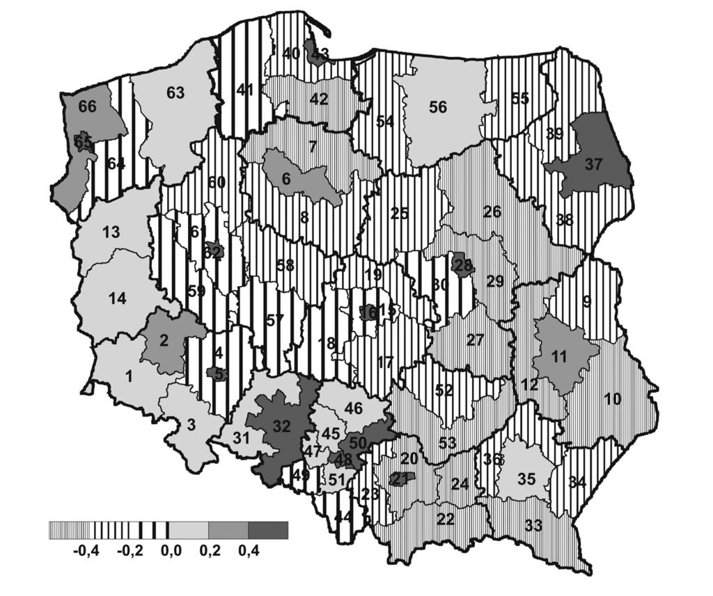 - Anna Winiarczyk-Raźniak - strzenny rozkład wartości tej grupy mierników nie miał jednolitego układu. Najwyższe wartości zanotowano w trzech podregionach miejskich: Katowic, Poznania oraz Warszawy.