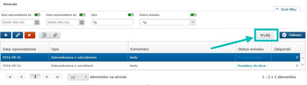 Rys. 35 Parametry wniosku Zaświadczenie o zatrudnieniu Po zarejestrowaniu, pracownik kieruje