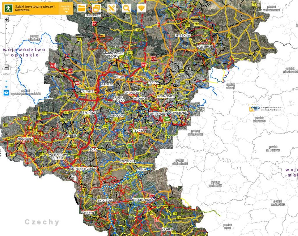 Szlaki turystyczne piesze i rowerowe - dane źródłowe pozyskane zostały z portalu slaskie.travel, OpenStreetMap oraz gmin i powiatów.