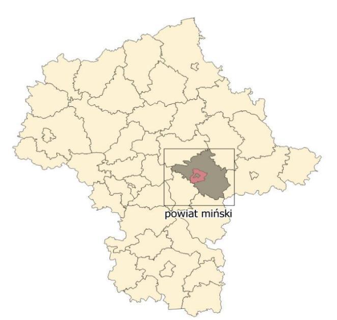 Położenie Gminy Mińsk Mazowiecki na tle województwa mazowieckiego i powiatu mińskiego Źródło: Opracowanie własne Gmina Mińsk Mazowiecki graniczy z gminami: od północy - Stanisławów, Jakubów (powiat