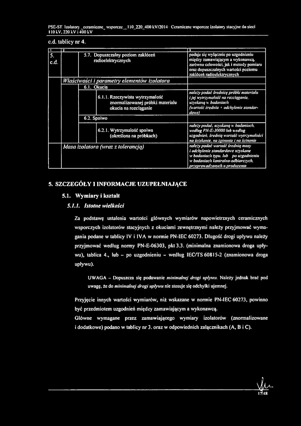 PSE-ST. Izolatory ceramiczne wsporcze 110 220 400 /20I4 Ceramiczne wsporcze izolatory stacyjne do sieci c.d. tablicy nr 4. i 2 5. c.d. 5.7.