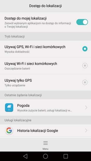 Ustawienia Włączanie dostępu do lokalizacji Dostęp do lokalizacji umożliwia prawidłowe działanie takich aplikacji, jak mapy, nawigacja i pogoda. Dostępne funkcje mogą się różnić zależnie od operatora.