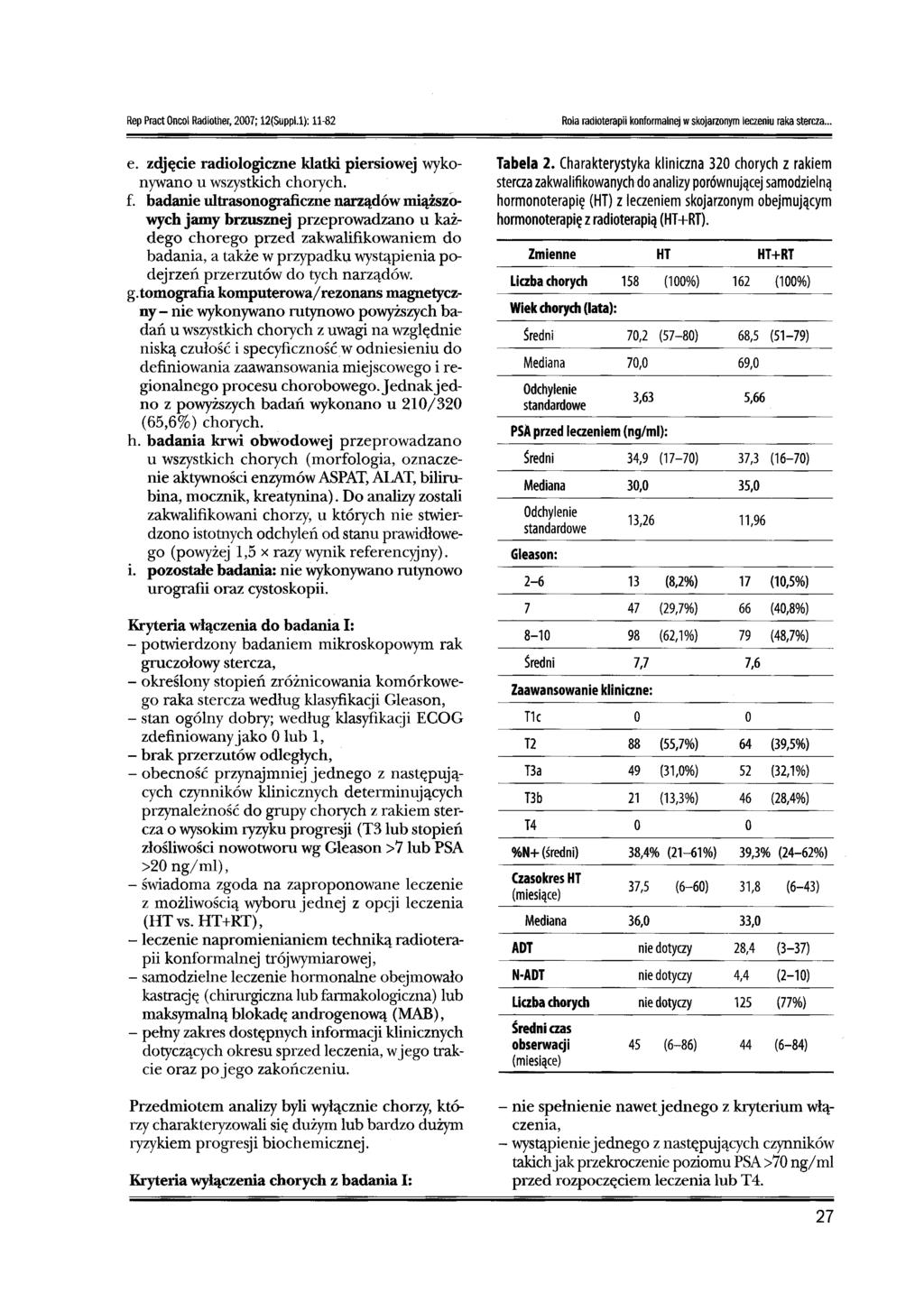 Rep Pract Oncol Radiother, 2007; 12(Suppl.1): 11-82 Rola radioterapii konformalnej wskojarzonym leczeniu raka stercza... e. zdjęcie radiologiczne klatki piersiowej wykonywano u wszystkich chorych. f.