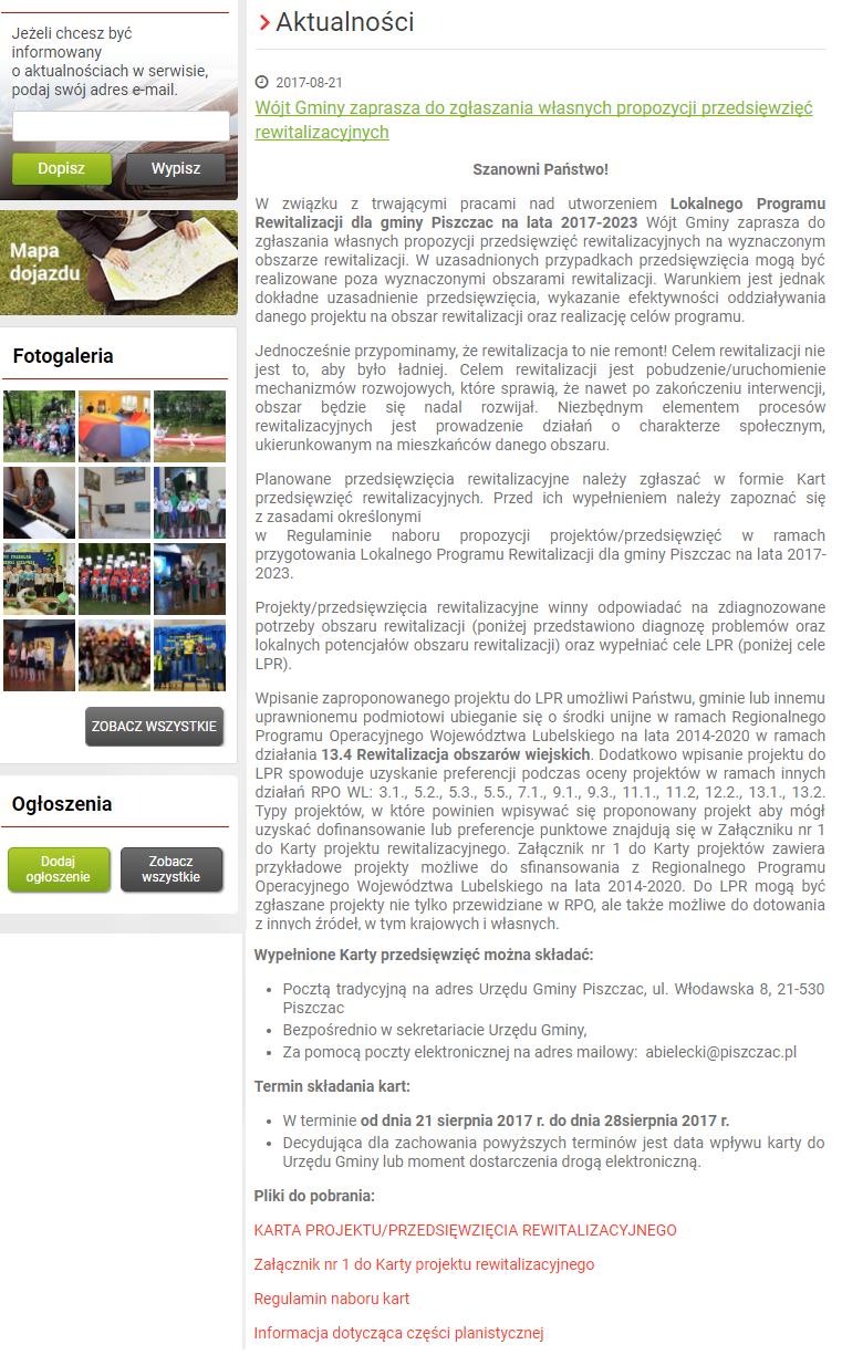 Rysunek 13 Informacja nt. naboru projektów rewitalizacyjnych Źródło: http://www.piszczac.