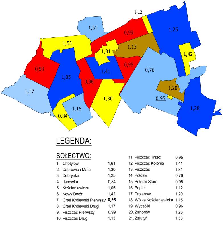 Mapa 4 Suma punktów uzyskanych w efekcie analizy wskaźnikowej wg podziału na poszczególne jednostki referencyjne Źródło: Opracowanie własne Po przeprowadzeniu analizy wskaźnikowej dla wszystkich