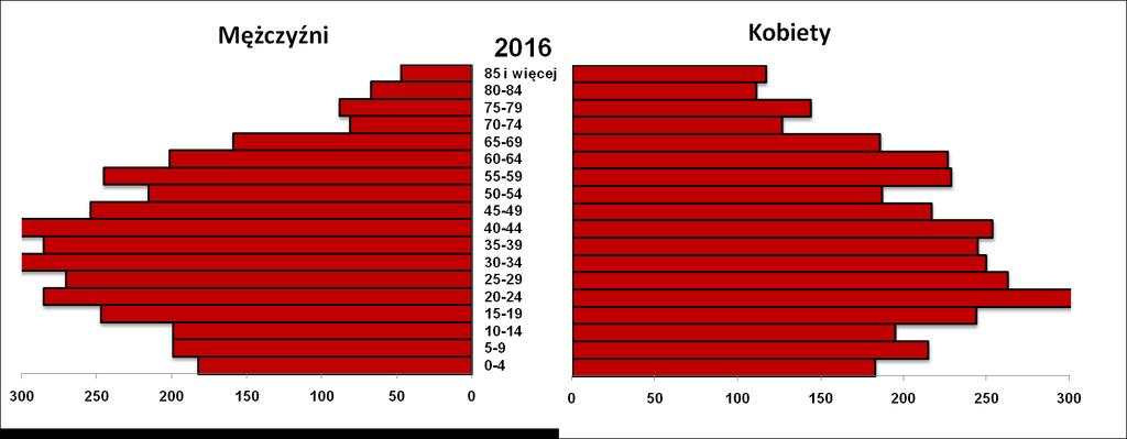 Jedynie w grupie wiekowej osób powyżej 55 roku życia liczebność kobiet przekracza liczebność mężczyzn (w szczególności powyżej 70 roku życia).