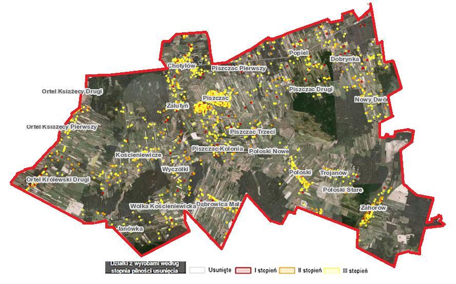 Mapa 9 Działki z wyrobami azbestowymi według stopnia pilności usunięcia w gminie Piszczac Źródło: Opracowanie własne na podstawie: http://esip.bazaazbestowa.gov.pl/geoserwis.