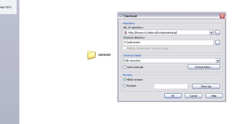 Aby uzyska dost p do repozytorium nale»y wykona operacj SVN Checkout: Po wpisaniu prawidªowego adresu repozytorium zostaniemy poproszeni o wpisanie loginu i hasªa w celu autoryzacji u»ytkownika