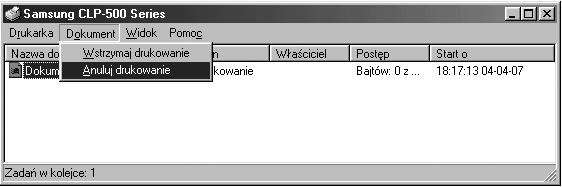Anulowanie zadania drukowania Zadanie można zatrzymać z poziomu programu, w kolejce drukowania lub za pomocą przycisku Cancel ( ) drukarki.
