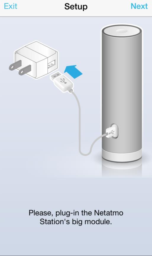 2. Podłącz wewnętrzny moduł Netatmo do prądu przy użyciu dołączonego zasilacza i przewodu USB i wybierz Next, a następnie naciśnij i