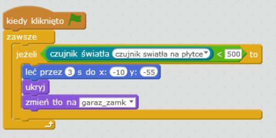 Animacja dla samochodu jest przygotowana, ale uruchomienie jej nastąpi dopiero po spełnieniu warunku otrzymanego zgodnie z czujnikiem światła.