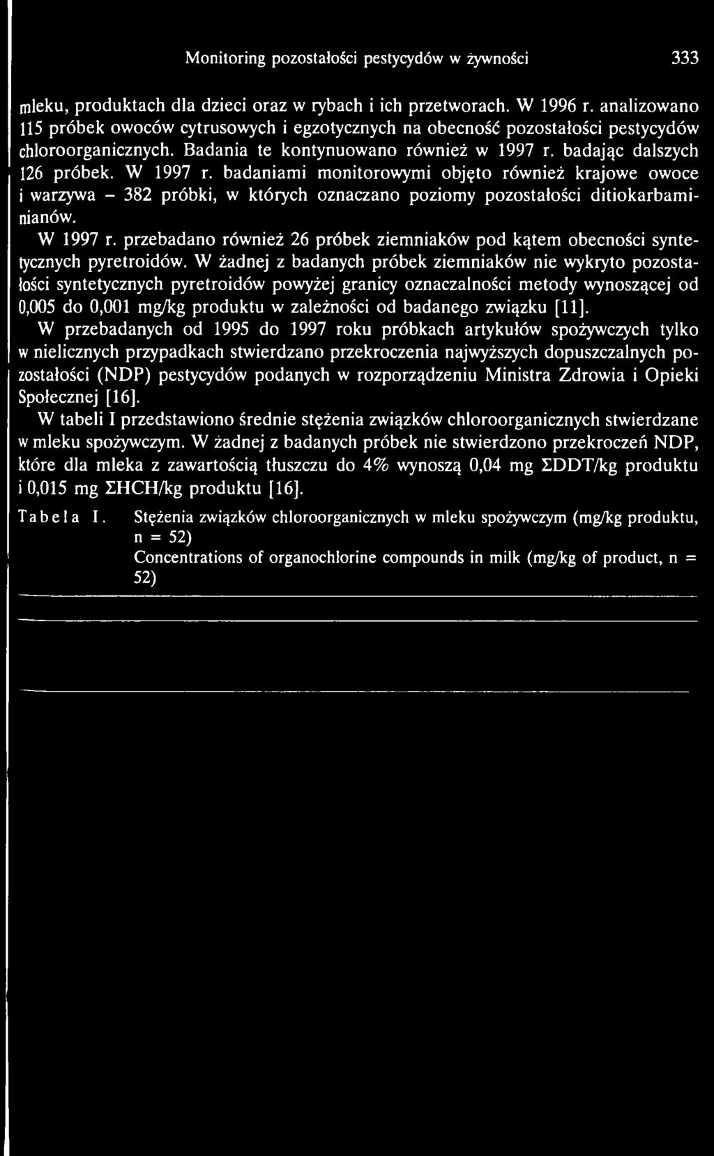 badaniam i monitorowymi objęto również krajowe owoce i warzywa - 382 próbki, w których oznaczano poziomy pozostałości ditiokarbam i- nianów. W 1997 r.