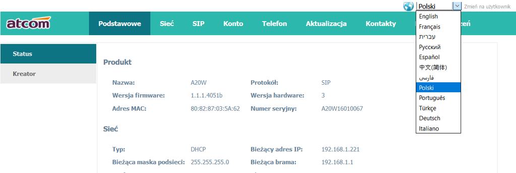 numeru dzwoniącego. R. Subskrypcja wiadomości poczty głosowej MWI: Włączenie/wyłączenie sybskrypcji wiadomości poczty głosowej MWI. S. Lista serwerów: Wybierz typ serwera --- Bazowy, Broadsoft. T.