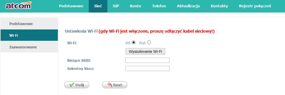 2.3 Wi-Fi 2.3.1 Konfiguracja Wi-Fi za pomocą telefonu 1. Naciśnij Menu Sieć Tryb połaczenia, zmień na wi-fi i naciśnij OK. 2. Naciśnij Menu Sieć Ustawienia Wi-Fi WLAN, wybierz sieć Wi-Fi z którą chcesz się połączyć, naciśnij POŁĄCZ i wprowadź poprawne hasło Wi-Fi.
