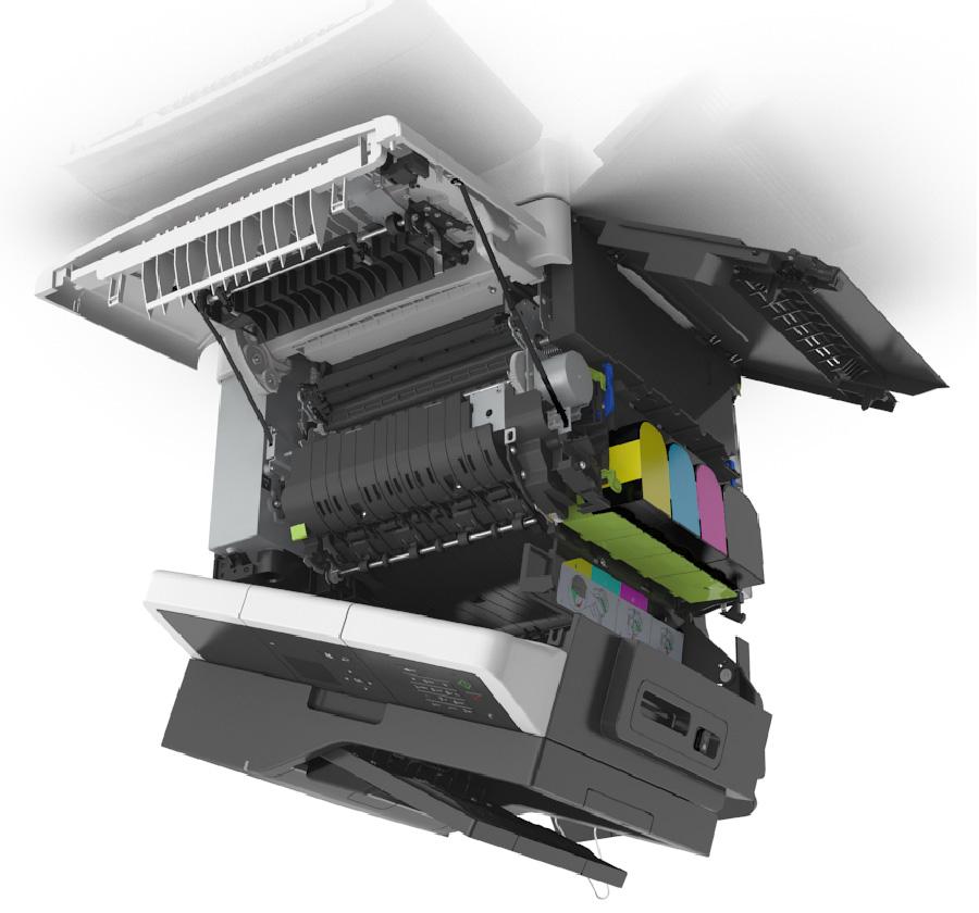 Przegląd drukarki 141 Wymiana materiałów eksploatacyjnych Wymiana pojemnika na zużyty toner 1 2 4 3 1 Górne drzwiczki 2 Pojemnik na zużyty toner 3 Prawa pokrywa boczna 4 Przednie drzwiczki 1 Wypakuj