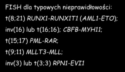 Standard diagnostyczny AML wg Schiller GJ FISH dla typowych nieprawidłowości: t(8;21) RUNX1-RUNX1T1 (AML1-ETO); inv(16) lub t(16;16); CBFB-MYH11; t(15;17) PML-RAR; t(9;11) MLLT3-MLL; inv(3) lub