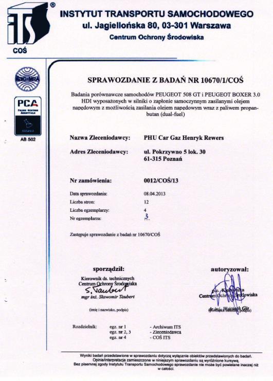 Raport z badań emisyjnych Instytut Transportu Samochodowego Celem pracy było przeprowadzenie badań emisji zanieczyszczeń układu wydechowego, maksymalnej mocy netto na kołach oraz sprawdzenie