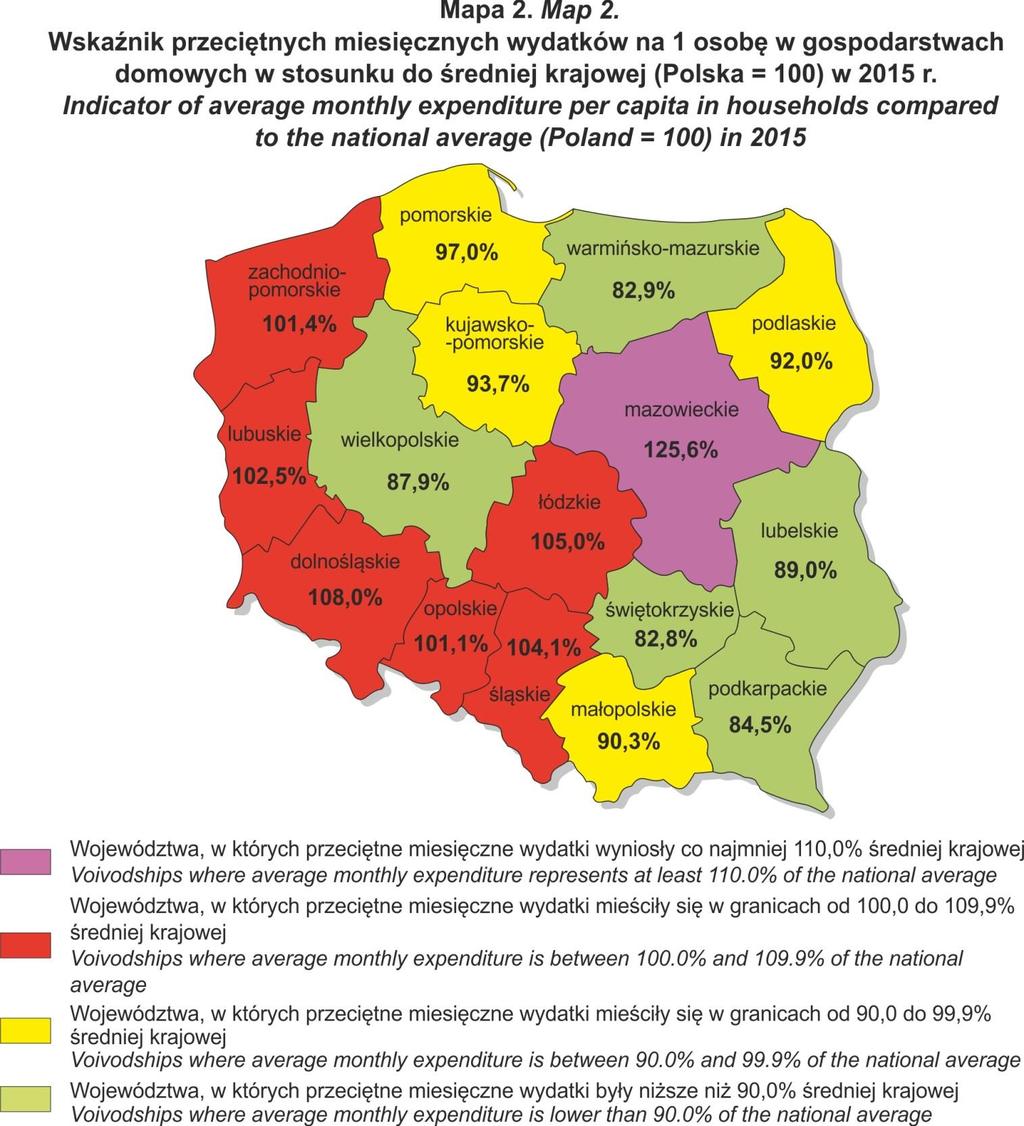 Wartość wskaźnika przeciętnych miesięcznych wydatków na 1 osobę w stosunku do średniej dla Polski, w okresie 2010-2015, wzrosła w województwach: podlaskim, lubelskim, dolnośląskim, lubuskim,