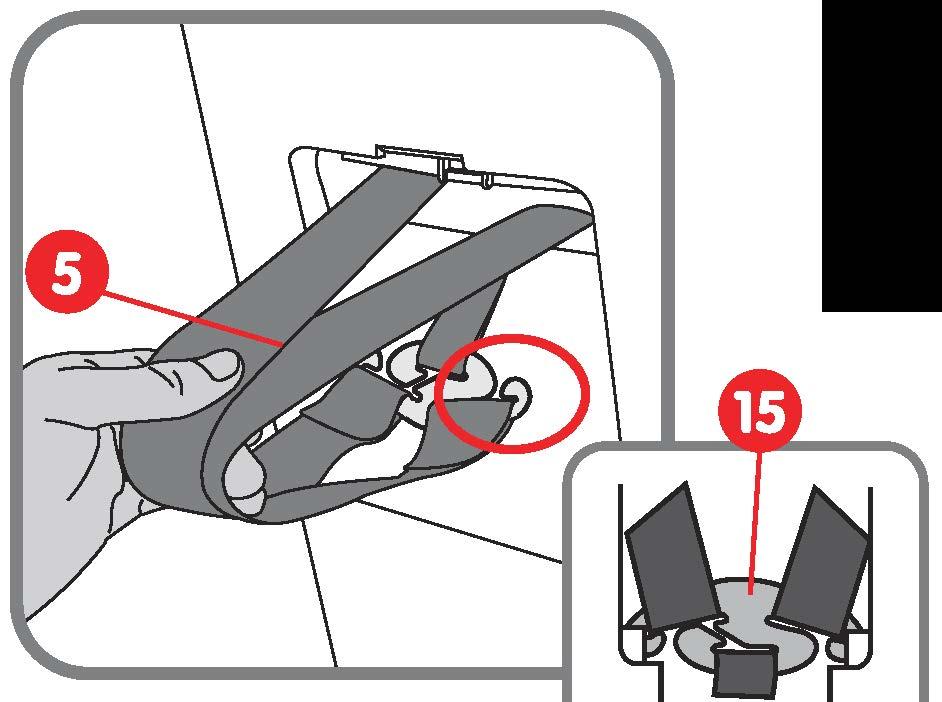 4-6 Montaż i demontaż ISOFIX 7. Wciśnij przycisk regulatora pasów 8, pociągnij do tyłu pas regulujący 9 i umieść metalowe jarzmo 15 w otworze zaznaczonym na czerwono. Montaż isofix w pojeździe 1.