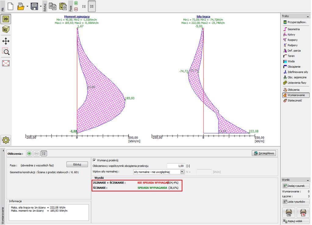 Ramka Wymiarowanie Uwaga: W ramce Wymiarowanie wyświetlone są maksymalne wartości sił wewnętrznych z wszystkich faz budowy.