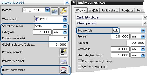 10. Edytuj operację CAVITY_MILL. 11. Na głównym oknie w grupie Ustawienia ścieŝki znajduje się parametr Dodatkowe ścieŝki.