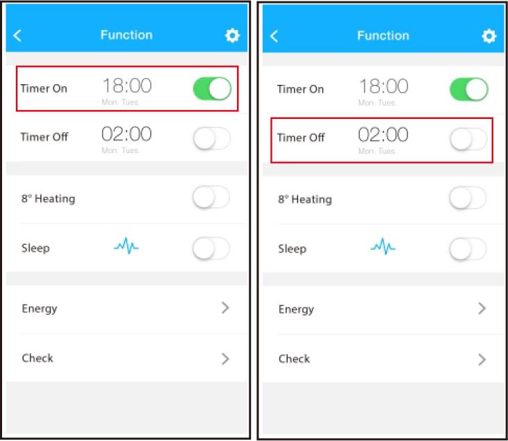 Funkcje Specjalne Timer On, Timer Off, Ogrzewanie 8 C, Funkcja Sen, Energy, Check Uwagi: Jeżeli funkcja nie jest obsługiwana przez klimatyzator, będzie ona ukryta przez aplikację.