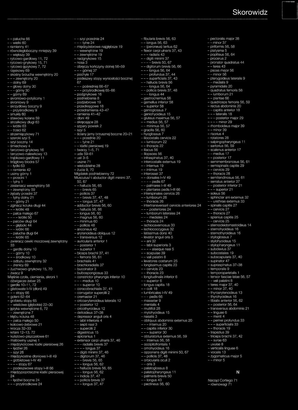 kolana 59 - strzałkowy długi 63 - - krótki 63 - - trzeci 62 - strzemiączkowy 71 - szeroki szyi 5 - szyi boczny 14 - śmiechowy 4 - tarczowo-gnykowy 16 - tarczowo-nalewkowy 13 - trąbkowo-gardłowy 11 -